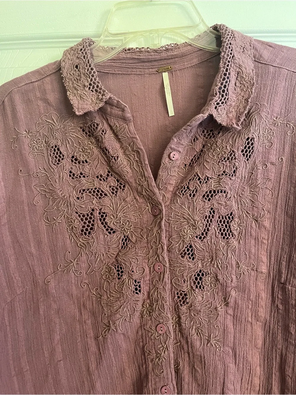 Free People Purple Carter Dobby Lace-Embroidered Button Down Blouse